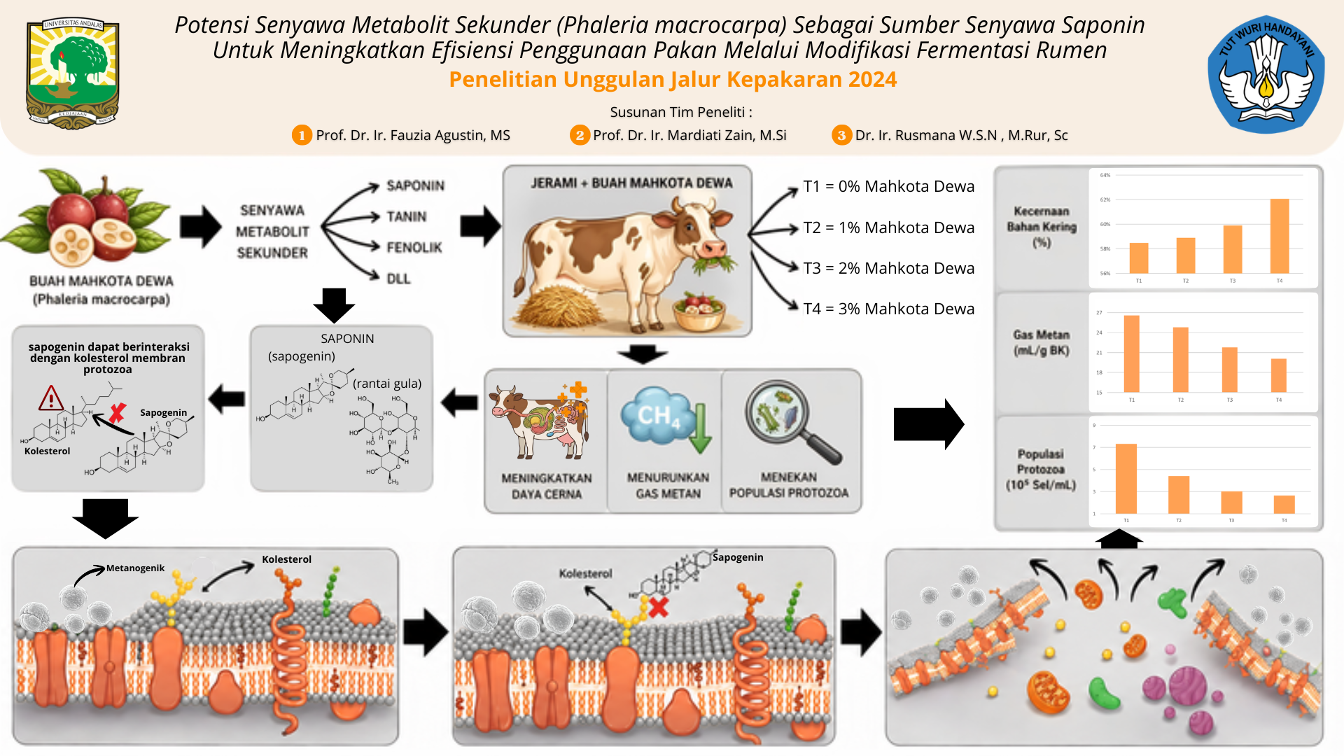: Potensi Senyawa Metabolit Sekunder Phaleria macrocarpa sebagai Sumber Saponin Untuk Meningkatkan Efisiensi Penggunaan Pakan Melalui Modifikasi Fermentasi Rumen.