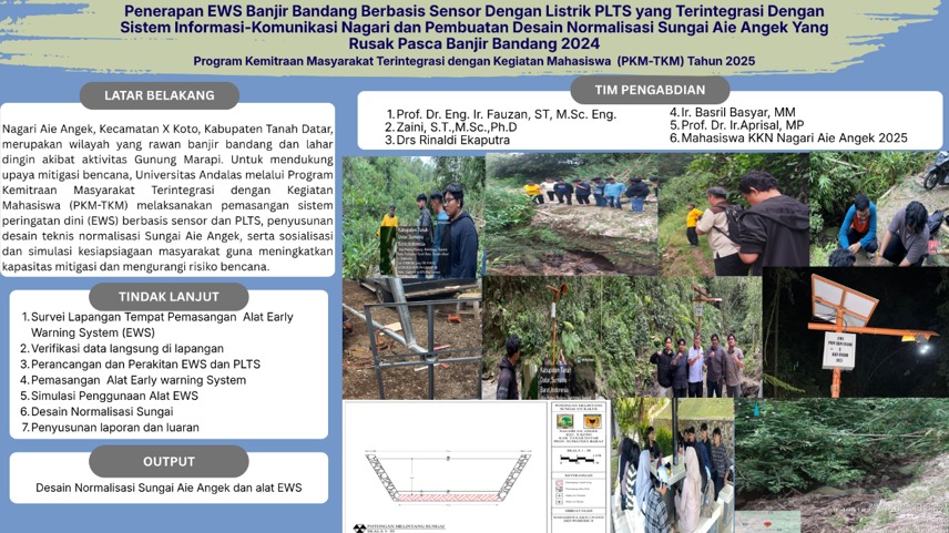 Penerapan EWS Banjir Bandang Berbasis Sensor Dengan Listrik PLTS yang Terintegrasi Dengan Sistem Informasi-Komunikasi Nagari Dan Pembuatan Desain Normalisasi Sungai Aie Angek yang Rusak Pasca Banjir Bandang 2024